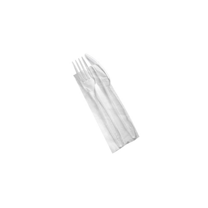 Set de couverts en polystyrène transparent avec serviette blanche