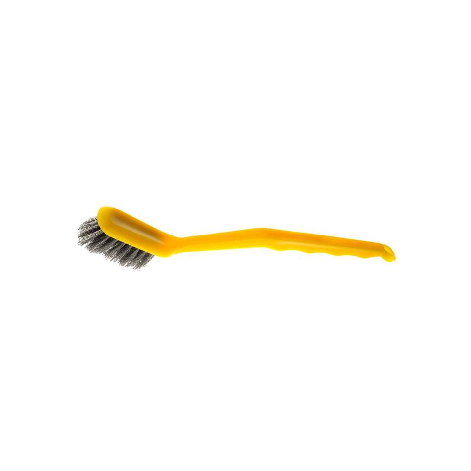 Yellow plastic and stainless steel cooktop cleaning brush 28.5 cm