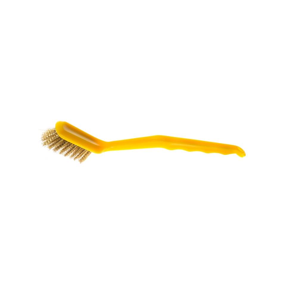 Yellow plastic and brass cooktop cleaning brush 28.5 cm