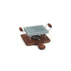 Bisetti soapstone, small rectangular with chromed frame on wooden base with stove, 16X20 cm