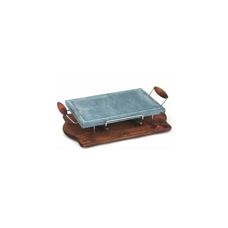 Pietra ollare Bisetti rettangolare grande con telaio cromato su base di legno con fornelletti, cm 25x40