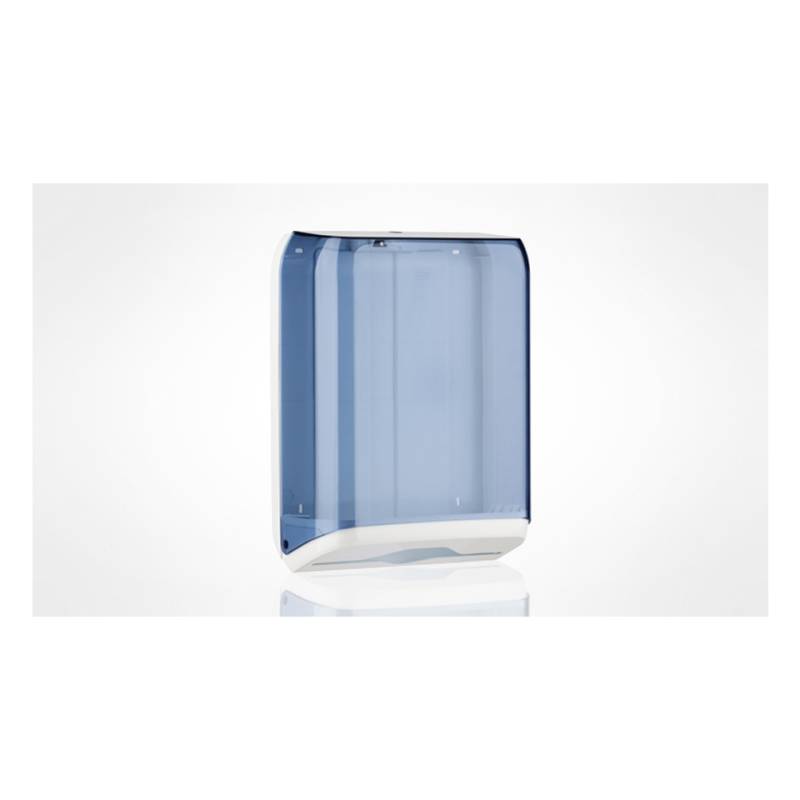 Transparent blue plastic interleaved towel dispenser