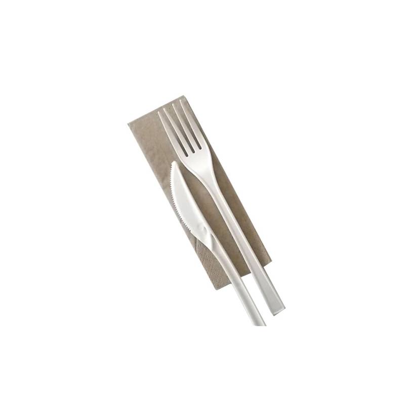 Bio-Besteck mit 2-lagiger Serviette in Ecru