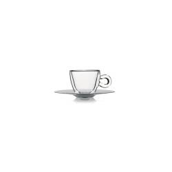 Bormioli Luigi thermal espresso cup in clear glass with stainless steel plate cl 6.5