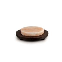 Round pink salt plate with wenge wood base 20x3cm