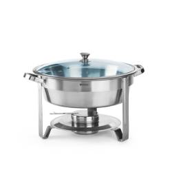 Scaldavivande chafing dish rotondo in acciaio con coperchio in vetro