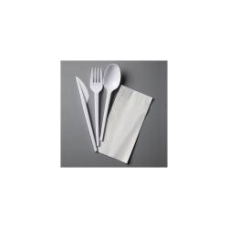 Set of threeGold Plast white polystyrene cutlery with white napkin