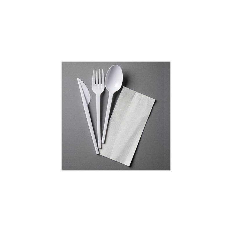 Set of threeGold Plast white polystyrene cutlery with white napkin