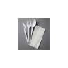 Tris posateGold Plast bianche in polistirene con tovagliolo bianco