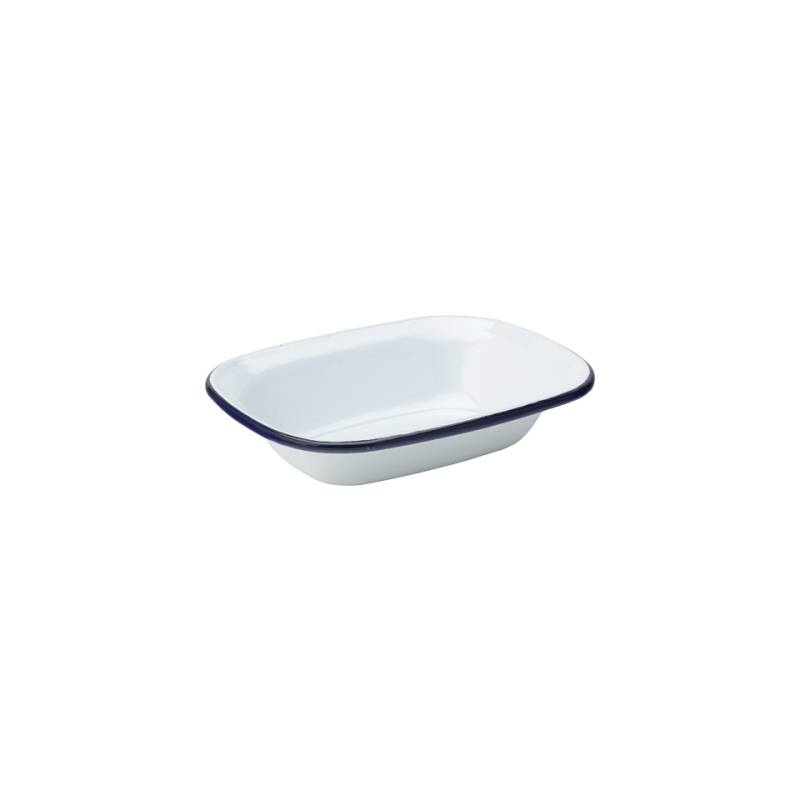 Taza esmaltada blanca con línea azul 16x12 cm