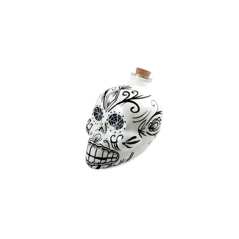 Mexikanische Totenkopf-Flasche aus weiß emailliertem Glas cl 70