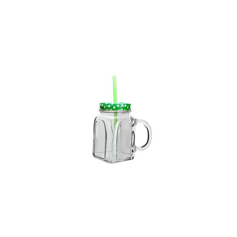 Glass jar with straw and green glass lid cl 45