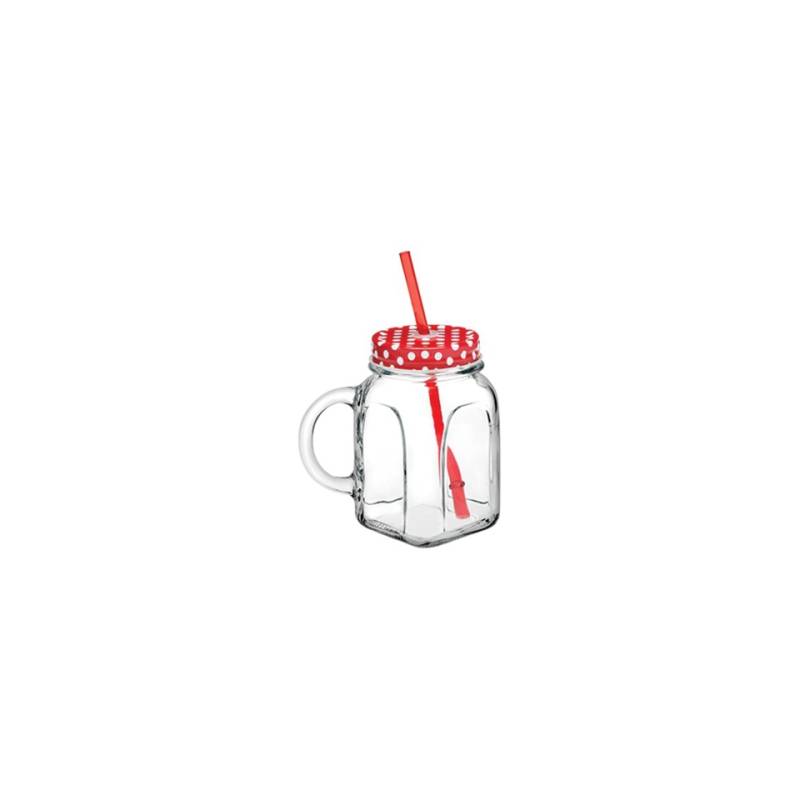 Glass jar with straw and lid red glass cl 45