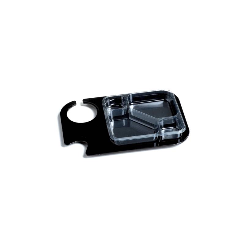 Assiette apéritive noire avec plateau 4 compartiments En Pet
