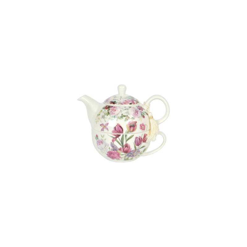 Teiera con tazza Tea for One Flowers in porcellana rosa e bianca