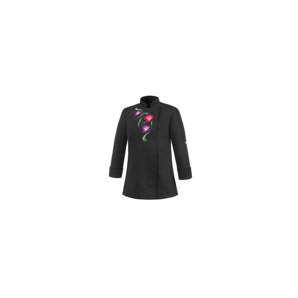 Flowers black polyester and cotton cook jacket with flowers size M
