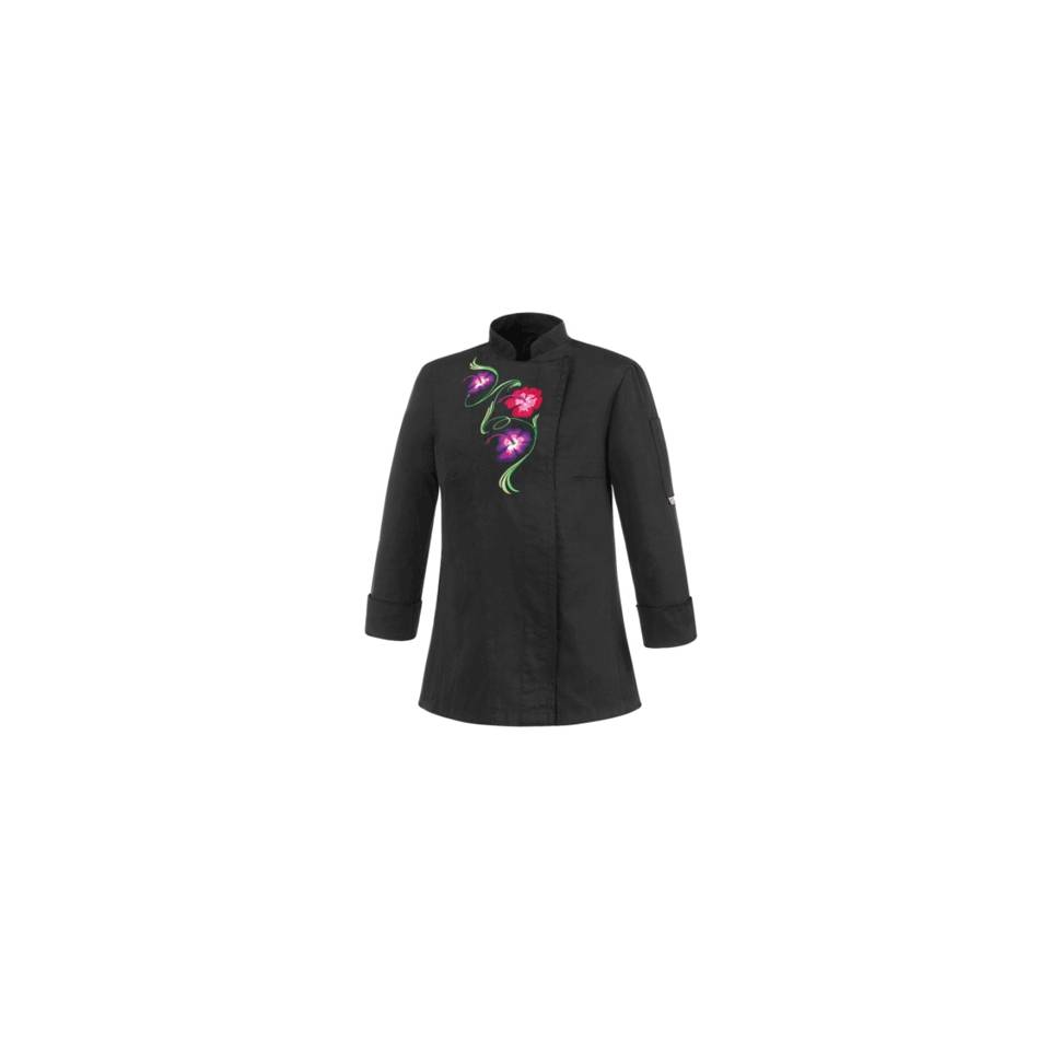 Black polyester and cotton Flowers cook jacket with flowers size L