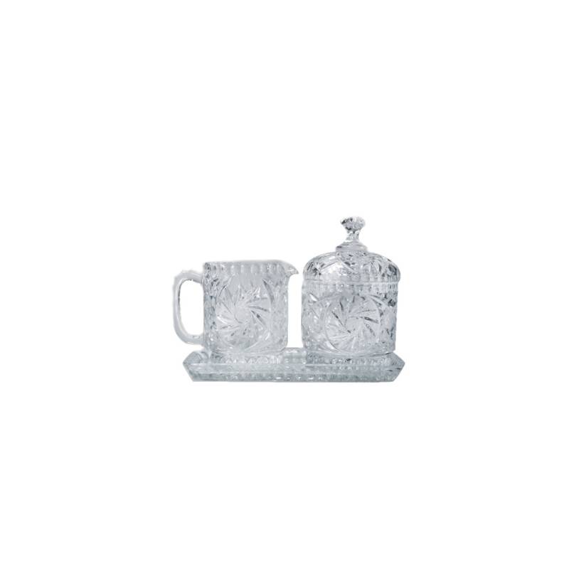 Vintage Glaske Set mit dekorierter Glasmilchschale und Zuckerdose