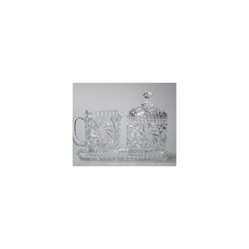 Vintage Glaske Set mit dekorierter Glasmilchschale und Zuckerdose