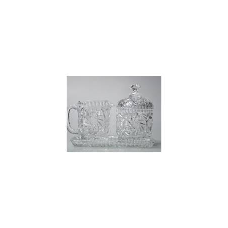 Vintage Glaske Set mit dekorierter Glasmilchschale und Zuckerdose