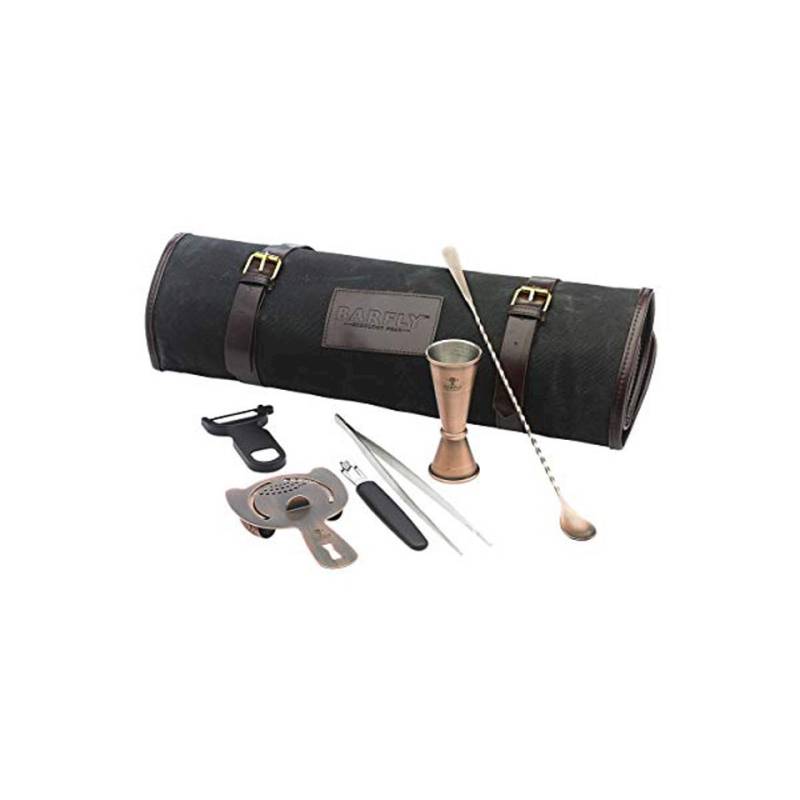 Roll bag Essential Bar Fly black with 6 pieces antique copper-plated stainless steel