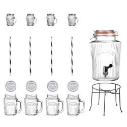 Set with Kilner lt 5 dispenser, stand, 4 mugs cl 40 with straws, 4 mini mugs cl 11