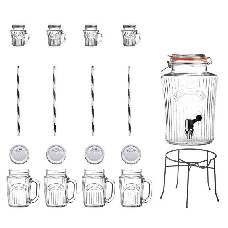 Set con dispenser Kilner lt 5, supporto, 4 boccali cl 40 con cannucce, 4 mini boccali cl 11