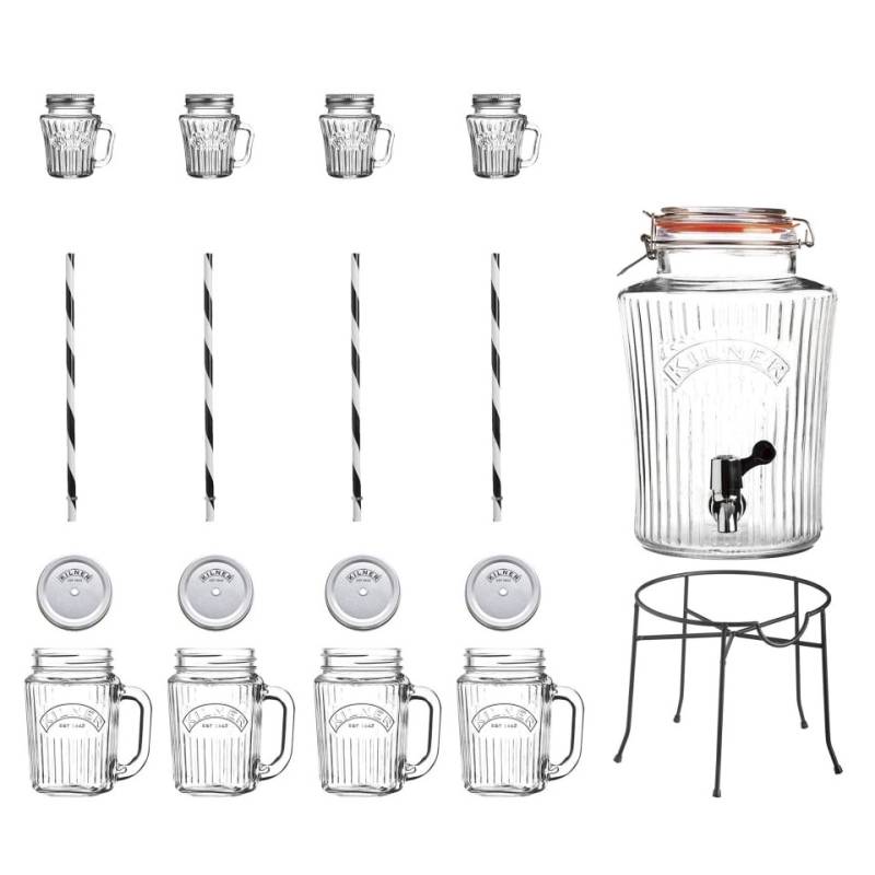Set with Kilner lt 5 dispenser, stand, 4 mugs cl 40 with straws, 4 mini mugs cl 11