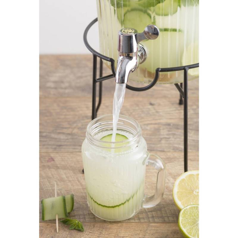 Juego con dispensador Kilner lt 5, soporte, 4 tazas cl 40 con pajitas, 4 mini tazas cl 11