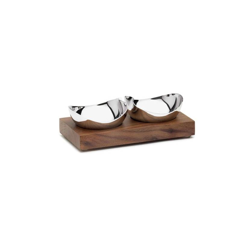 Coppette Drift Robert Welch in acciaio inox con vassoio in legno di noce