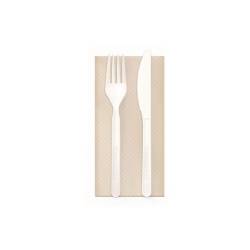 Biodegradable white cpla cutlery bis with ecru napkin