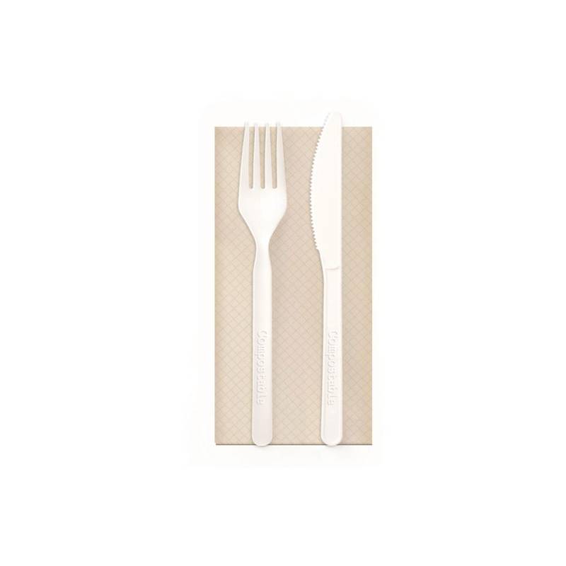 Biodegradable white cpla cutlery bis with ecru napkin