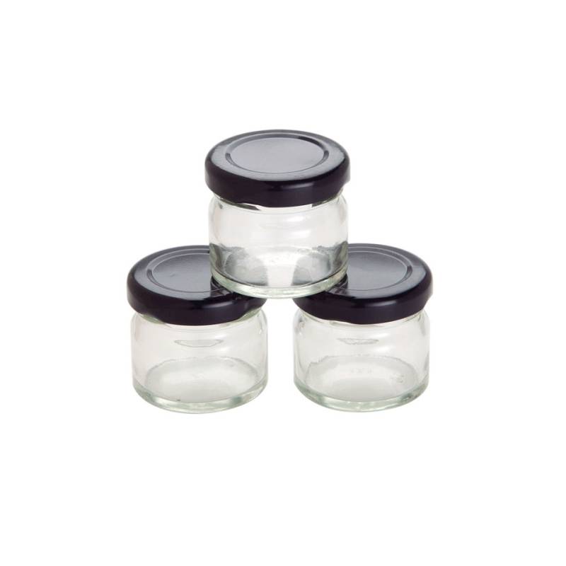 Hermetic glass mini jar with black cap 1 oz.