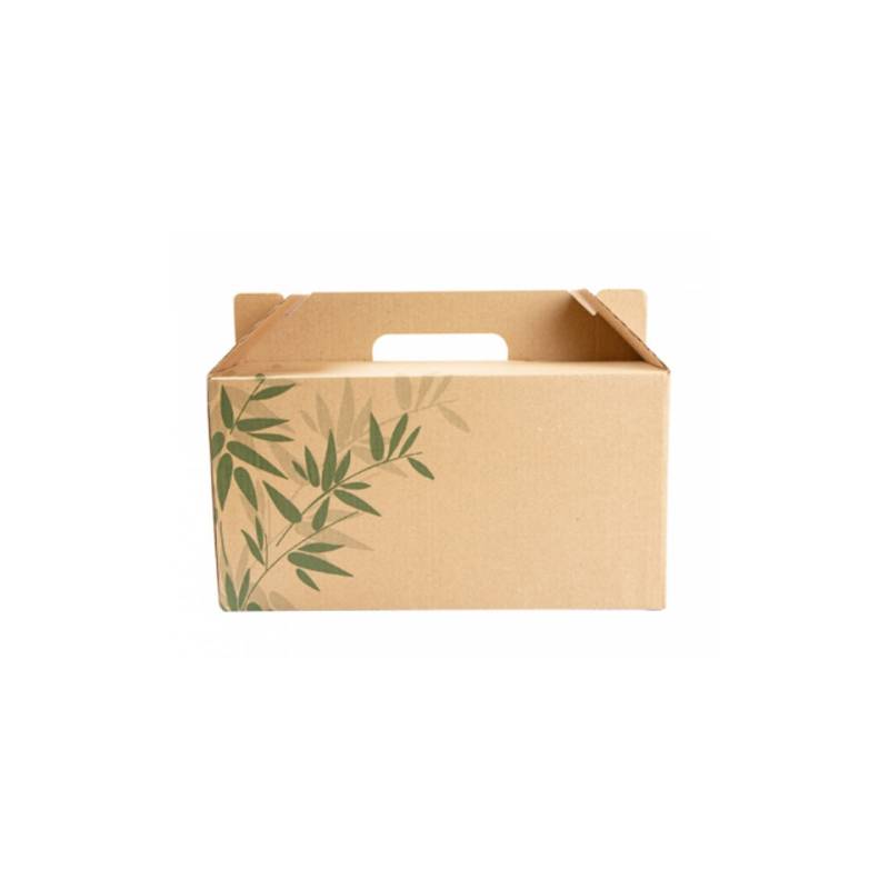 Brown cardboard take-away box with decoration 9.64x5.31x4.72 inch