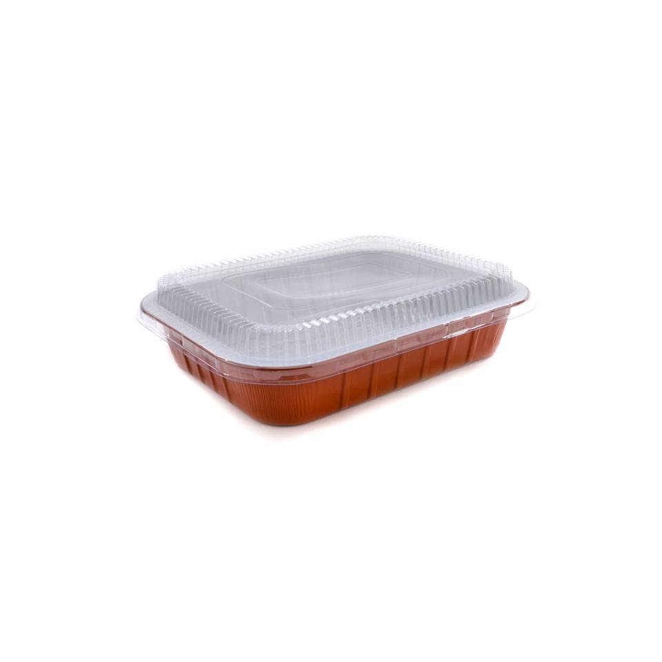 Rectangular brown aluminium tray with transparent lid 8.66x5.90x1.77 inch