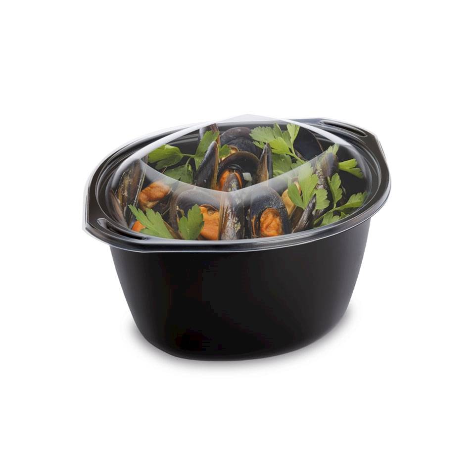 Wokipack black polypropylene container with transparent lid 0.60 gal