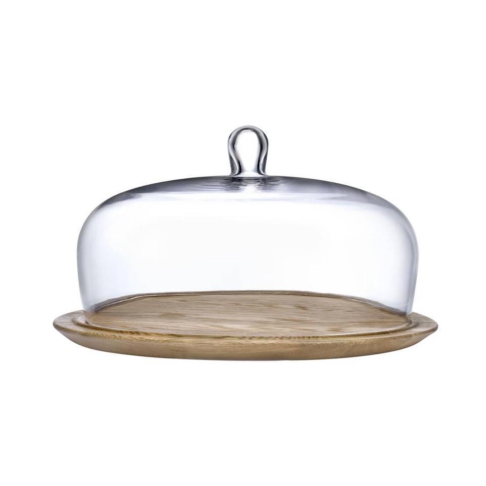 Meringue Nude glass and wood cake dish with dome 14.96 inch