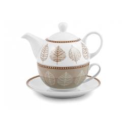 Tea for One Michelle decoro foglie in porcellana bianca e marrone