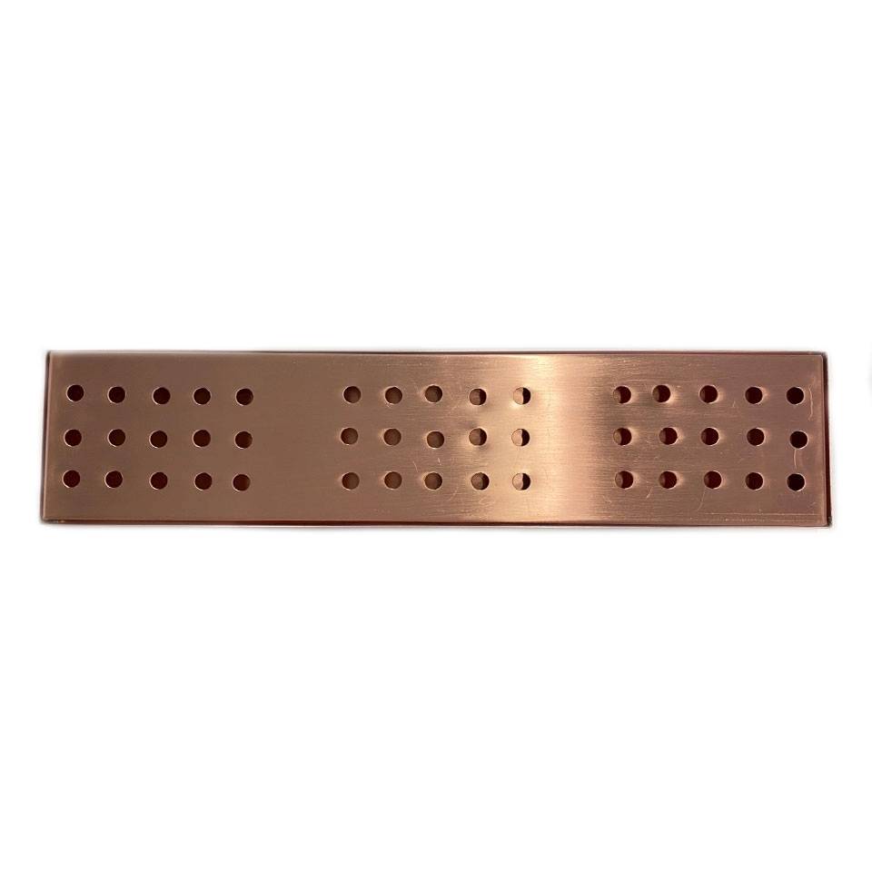 Copper plated stainless steel bar mat with grid and round holes 18.5x4.25x0.63 inch