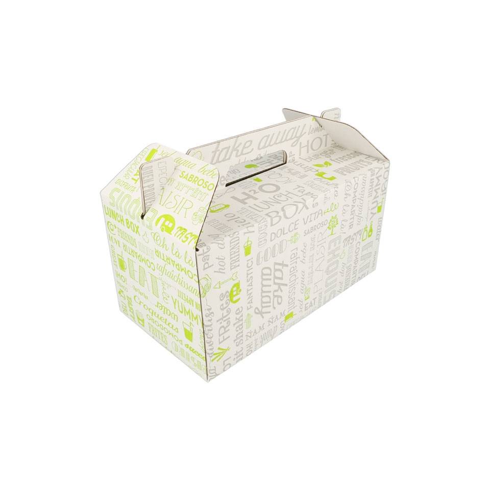 Cardboard take-away box with word decoration 9.64x5.31x4.72 inch