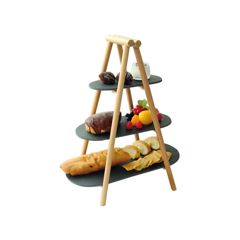 3-tier natural wood and black slate riser 9.84x1.77x21.26 inch