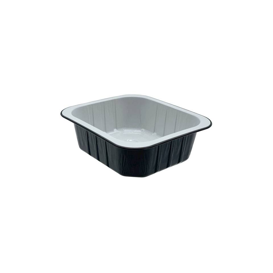 Black and white aluminium rectangular disposable tray 18.60 oz.