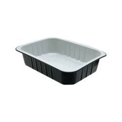 Black and white aluminium rectangular disposable tray 30.43 oz.