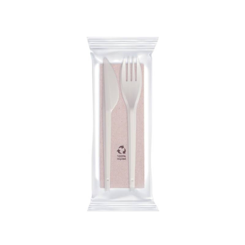 Midi biodegradable ivory cutlery set with ecru napkin 