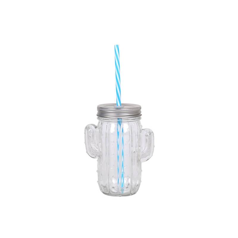 Cactus glass with stopper and straw 13.52 oz.