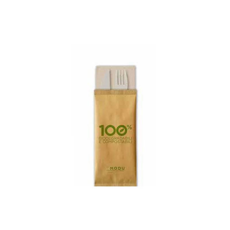 Bis midi cubiertos biodegradables blancos con servilleta crudo