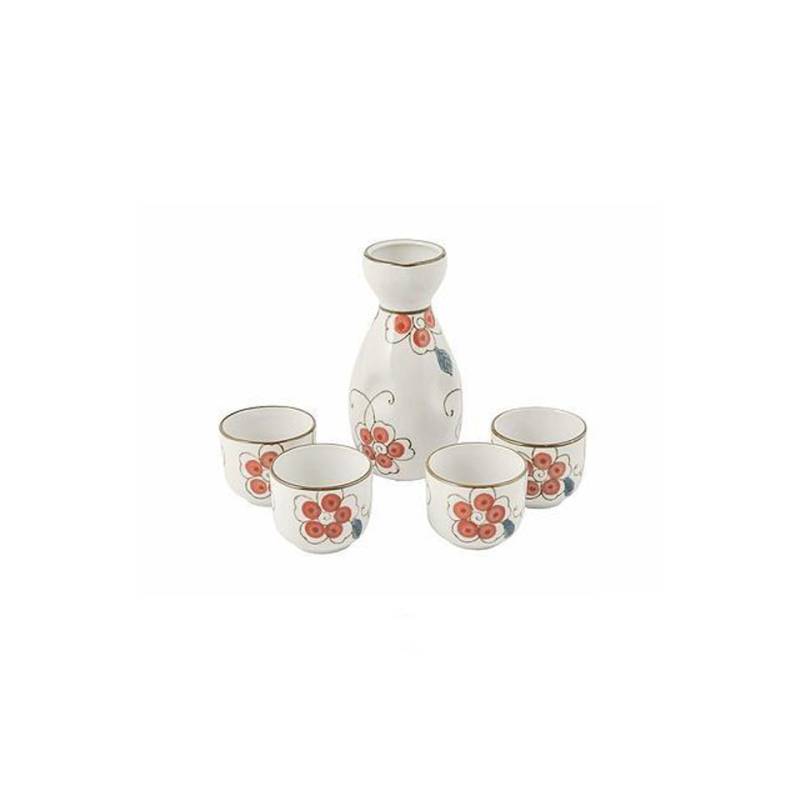 Sake set with jug and 4 porcelain floral glasses