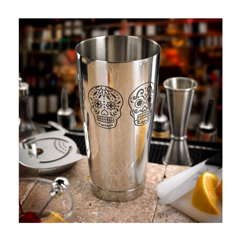 Stainless steel balanced boston shaker with skulls 27.72 oz.