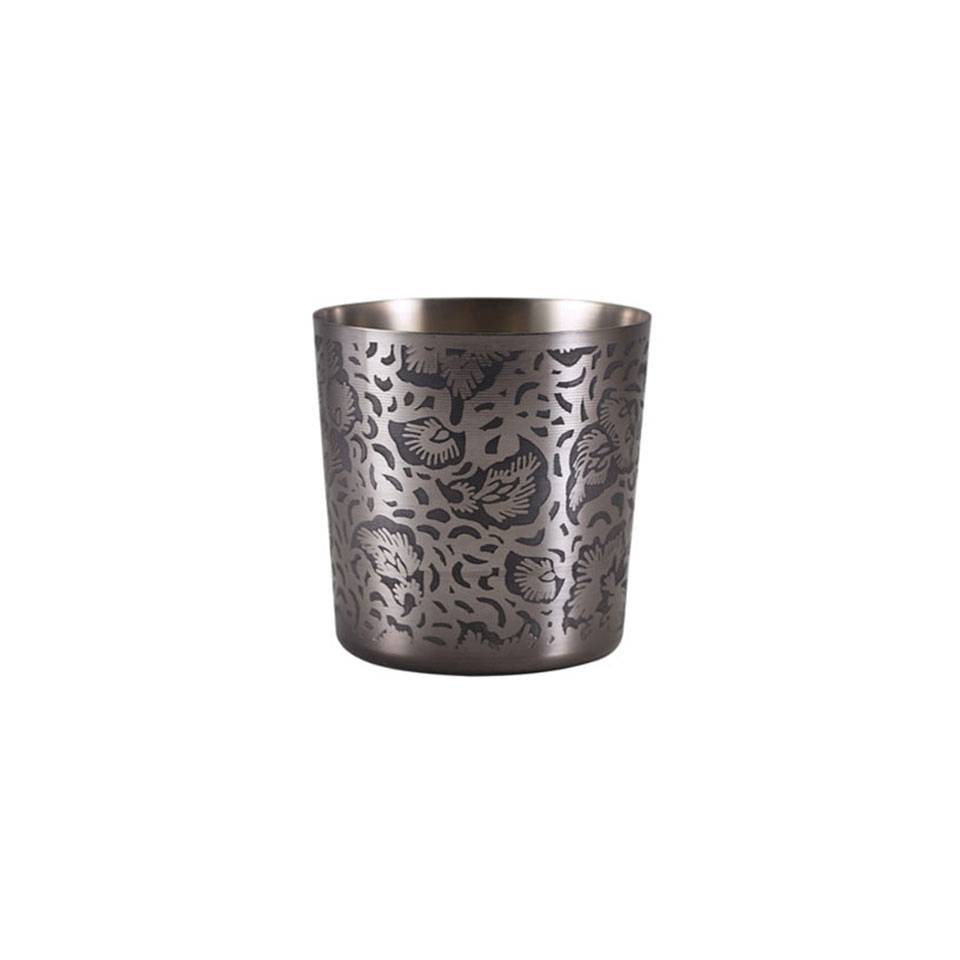 Black stainless steel appetiser cup with floral decoration 13.52 oz.