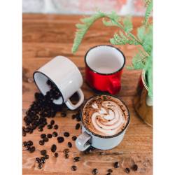 Red porcelain mini mug with black rim without plate 2.02 oz.